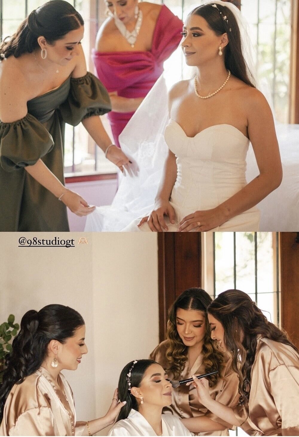 Preparativos de novia y damas de honor, maquillaje y peinado profesional
